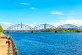 TV tower in Riga behind a steel railway bridge, Latvia...IMAGE Royalty Free Stock Photo