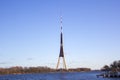 TV tower during winter time, high telecommunication tower in Riga, Latvia Royalty Free Stock Photo