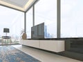 TV unit beige with black accents with retractable TV and a large window decor