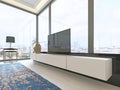 TV unit beige with black accents with retractable TV and a large window decor