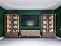 TV unit in the dining room with a chest of drawers and two sideboards with dishes