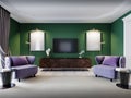 TV unit in the living room with a chest of drawers and soft purple armchairs, two paintings, green walls, a white floor and a