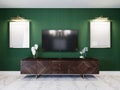 TV unit in the living room with a chest of drawers, two paintings, green walls, a white floor and a ceiling