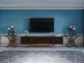 TV unit, TV set in a modern living room in a classic style with blue walls, black TV cabinet, console table with interior decor Royalty Free Stock Photo