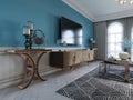 TV unit, TV set in a modern living room in a classic style with blue walls, black TV cabinet, console table with interior decor Royalty Free Stock Photo