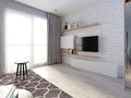 A TV unit, TV wall, TV set, with a TV and bookshelves. white decorative brick wall. Wood texture and matt white lockers