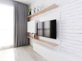 A TV unit, TV wall, TV set, with a TV and bookshelves. white decorative brick wall. Wood texture and matt white lockers