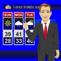 TV weather news reporter meteorologist anchorman reporting with pointer on monitor screen Royalty Free Stock Photo