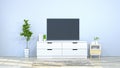 Tv with white cabinet in the room 3d illustration furniture,modern home designs,background shelves and books on the desk in front