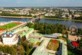 Tver cityscape with Transfiguration Cathedral and Imperial Traveling Palace on Volga river