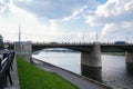 Tver cityscape on Volga river with bridges in summer, Russia