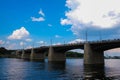 Tver cityscape on Volga river with bridges in summer, Russia