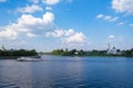 Tver cityscape on Volga river with bridges in summer, Russia