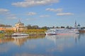 Tver, Russia - may 07.2017. Pleasure craft and motor ship on pier at river station Royalty Free Stock Photo