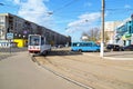 Tver, russia - may 07.2017. 5 tram route at stop Railway station Royalty Free Stock Photo