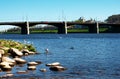 TVER, Russia, May 2021: View of the Novovolzhsky Bridge on the Volga River from the Afanasy Nikitin Embankment in Tver. Seagull on