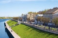 TVER, Russia, May 2021: View of the Stepan Razin Embankment on the Volga river in Tver. Old buildings on the embankment of Stepan Royalty Free Stock Photo