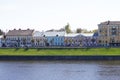 TVER, Russia, May 2021: View of the Stepan Razin Embankment on the Volga river in Tver. Old buildings on the embankment of Stepan Royalty Free Stock Photo