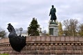 TVER, RUSSIA - OCTOBER 26, 2020: beautiful urban landscape of Tver with view of monument to Afanasy Nikitin on Volga River