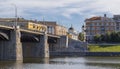 Tver urban landscape with bridge and church Royalty Free Stock Photo