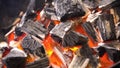 TView Of Hot Flaming Charcoal Briquettes Glowing In The BBQ Grill Pit. Burning Coals For Cooking Barbecue Food. Close Up Royalty Free Stock Photo