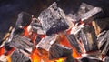 TView Of Hot Flaming Charcoal Briquettes Glowing In The BBQ Grill Pit. Burning Coals For Cooking Barbecue Food. Close Up Royalty Free Stock Photo