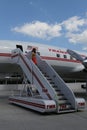 TWA Hotel employees wear vintage uniform at newly opened hotel at the landmark TWA Flight Center building designed by Eero Saarine Royalty Free Stock Photo