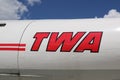 TWA Hotel`s 1958 Lockheed Constellation airplane in front of the landmark TWA Flight Center building designed by Eero Saarinen