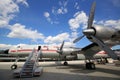 TWA Hotel`s 1958 Lockheed Constellation airplane in front of the landmark TWA Flight Center building designed by Eero Saarinen