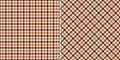 Tweed check plaid pattern in black, orange, beige. Seamless herringbone textured small vector set for dress, jacket, skirt.