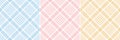 Tweed check plaid pattern in pastel colorful blue, pink, yellow, white. Seamless diagonal glen set for Easter holiday tablecloth. Royalty Free Stock Photo