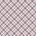 Tweed pattern vector in blue, red, white. Abstract seamless small diagonal check plaid for dress, skirt, bag, purse.