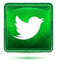 Tweet bird icon neon light green square button