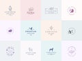 Twelve Abstract Feminine Vector Signs or Logo Templates Set. Retro Floral Illustration with Classy Typography, Birds