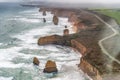 The Twelve Apostles aerial view on a cloudy and foggy afternoon, Great Ocean Road, Australia Royalty Free Stock Photo