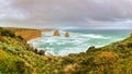 The Twelve Apostles rock formations along the Great Ocean Road, panoramic aerial view - Victoria, Australia Royalty Free Stock Photo