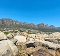 Twelve Apostles at Table Mountain in Cape Town against a clear blue sky background on a sunny day with copy space. View Royalty Free Stock Photo