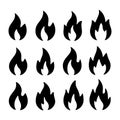 Twelve black flame icons arranged in three rows of four on a white background fire symbol Royalty Free Stock Photo