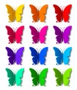 Twelve colored paper butterflies with shadow