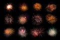 Twelve colorful fireworks on black background