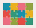 Twelve connected jigsaw puzzle parts. Infographic template with matching pieces. Teamwork concept.