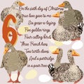 The twelve days of Christmas. Sixth day. Six geese-a-laying.