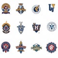 Twelve emblems feature fictional university designs, each displaying a unique Royalty Free Stock Photo