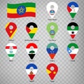 Twelve flags the Provinces of Ethiopia - alphabetical order with name. Set of 2d geolocation signs like flags Regions of Ethiopi