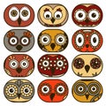 Twelve funny owl faces in oval shapes