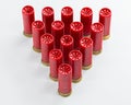 Twelve gauge shotgun shells in a pyramid shape on white