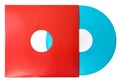 Twelve inch color vinyl blue record in red sleeve