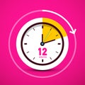 Twelve Minutes Analog Circle Clock on Pink Background. Time Icon. Vector