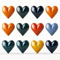 Twelve multicolored glossy heart sculptures in symmetrical pattern against neutral background creating vibrant modern