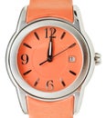 Twelve o'clock on dial of orange wristwatch